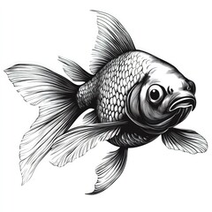 Detailed black and white drawing of a goldfish