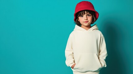 Child wearing a beige hoodie with pockets and a red bucket hat against a turquoise background. Kids fashion, stylish outfit, casual wear.