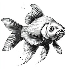 Detailed black and white illustration of a goldfish