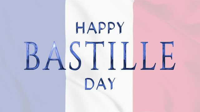 Happy Bastille Day blue text animation with cinematic blur effect on French flag background. Perfect for Bastille Day themed motion graphic designs.