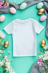 Blank white t-shirt flat lay mockup. Stylish shirt design template on colorful background with flowers and Easter eggs for creative projects and apparel branding.