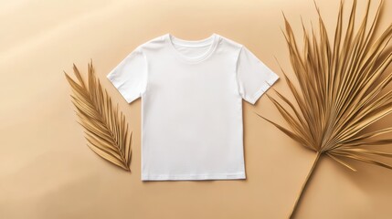 Blank t-shirt mockup on sandy background. Front view of white cotton tee with palm leaves. Custom apparel design template for clothing brands.