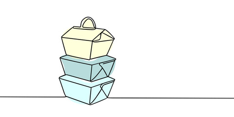 Takeaway cardboard boxes one line continuous drawing. Empty cardboard boxes, bags for takeaway food continuous one line illustration.