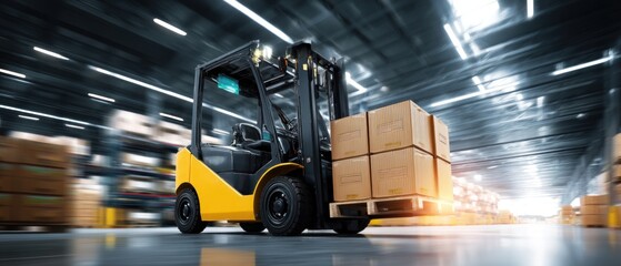 A forklift transporting boxes in a busy warehouse setting, showcasing industrial efficiency and logistics in motion.