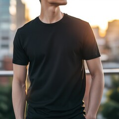 Black t-shirt mockup with male model. Stylish casual wear on urban background. Front view of trendy apparel for fashion marketing and e-commerce templates.