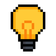 Pixel art light bulb emoji. Classic 8 bit retro style. Symbolizes ideas, creativity, innovation and smart thinking. Perfect for digital design, mobile apps, stickers, games and nostalgic or tech