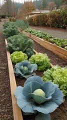  home vegetable garden with cabbages, kale , sustainable lifestyle 