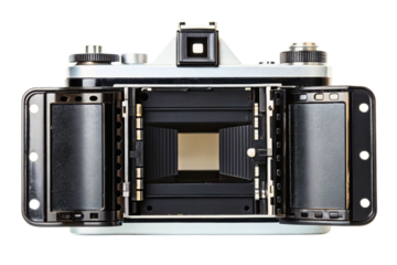 Vintage camera opened to reveal its intricate inner mechanics isolated with transparent background