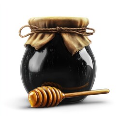 Dark honey in a vintage-style jar with a wooden honey dipper