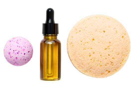 Essential bath products including a dropper bottle and bath bombs isolated with transparent background