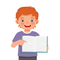 Little boy holding open book pointing at book page