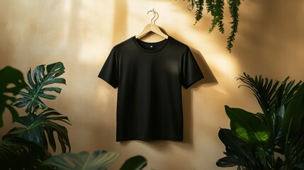 Black t-shirt mockup. Front view on hanger surrounded by greenery. Blank apparel for fashion designs, customizable t-shirt templates for printing.