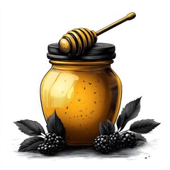Honey jar with blackberries. Detailed illustration of a glass jar filled with honey, topped with a honey dipper, and surrounded by blackberries and leaves