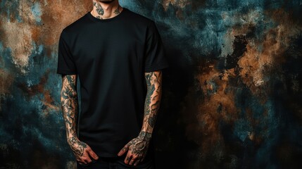 Black t-shirt mockup. Front view of a blank male tee on a model with tattoos against a textured background. Casual apparel for design templates.