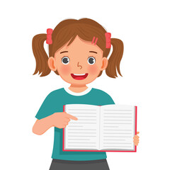 Little girl holding open book pointing at book page