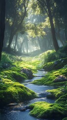 Obraz premium A serene forest scene with a flowing stream and lush green moss, evoking tranquility.