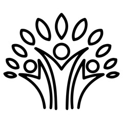A stylized group of people (outline style) are shown celebrating, with leaf-like shapes radiating outwards from their raised arms. This symbolizes unity, growth, and a profound connection to nature