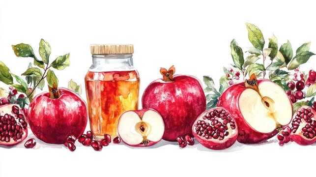 Watercolor illustration of Rosh Hashanah symbols: apples, pomegranates and honey