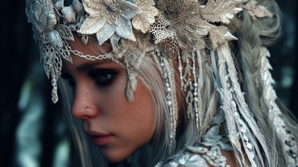 fantasy tribal close up face portrait Caucasian young woman in elegance white flower and feather with lace headdress dim light otherworldly design