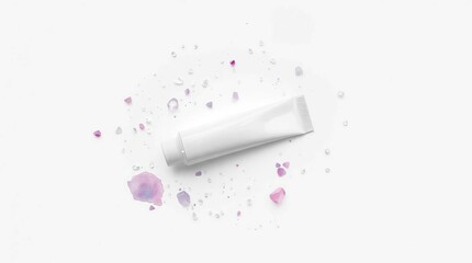 Minimalist elegance Cosmetic tube with translucent bath salts in delicate flat lay design.
