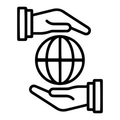 Two hands (outline style) are shown gently cradling a globe icon resembling the World Wide Web symbol. This symbolizes interconnectedness, global communication, and responsibility in the digital age