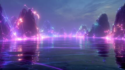 Fototapeta premium polygon neon light glow rocks in water, abstract background immersive futuristic technology theme 
