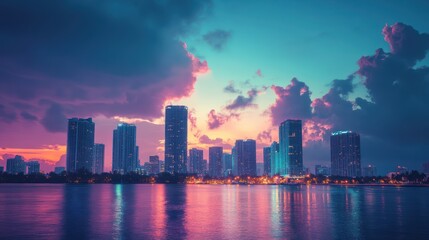 Cityscape sunset waterfront reflection, vibrant sky, urban travel brochure