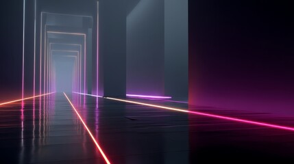 neon light laser line on black geometric tunnel, modern futuristic immersive background 