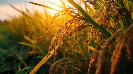 gold ripe rice field against sunlight