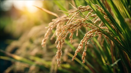 gold ripe rice field against sunlight