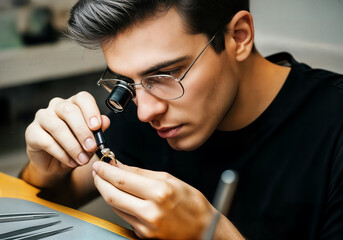 jeweler or gemologist examining precious stone or diamond with magnifying loupe tool in workshop