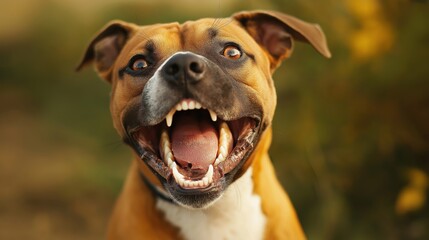 Close-up portrait of brown pit bull type dog with wide open mouth barking