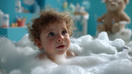 Caucasian baby boy in bath tub with fluffy white foam, happy bath time 
