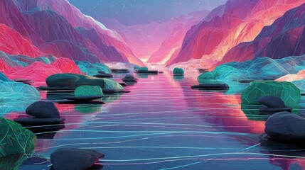 polygon structure landscape, mountain river stream and rock,  ethereal cybernetic immersive theme landscape 