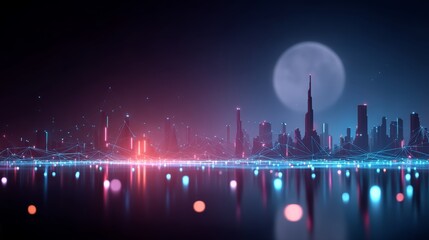neon light with polygonal structure with futuristic cityscape,  ethereal cybernetic immersive abstract background