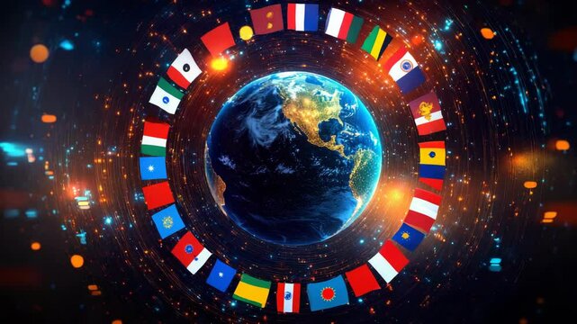 A glowing holographic globe surrounded by a circular arrangement of international flags, radiant light reflecting off each flag, a sleek black background with subtle digital grid patterns,,