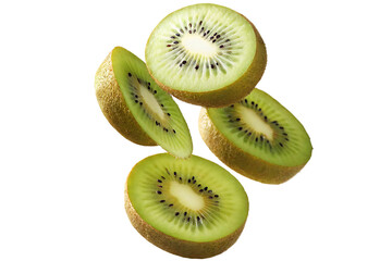 Fototapeta premium A dynamic composition featuring levitating slices of ripe, juicy kiwi in free fall, isolated on white background PNG