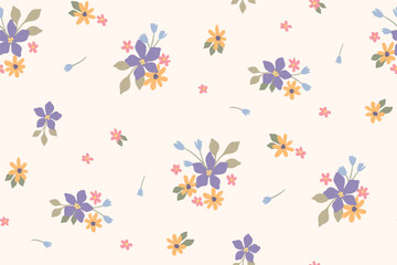Seamless floral pattern, liberty ditsy print in delicate pastel colors. Romantic botanical design of small hand drawn plants, lilac flowers, tiny leaves, simple bouquets abstract. Vector illustration. © Yulya i Kot