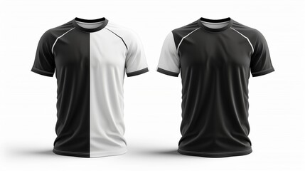 Blank black and white t shirts with short sleeves templates. Front and back view. Vector illustration