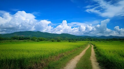 summer landscape with green grass and clouds
