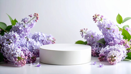 Fototapeta premium Elegant podium surrounded by purple lilac flowers. Minimalist pedestal for product presentation