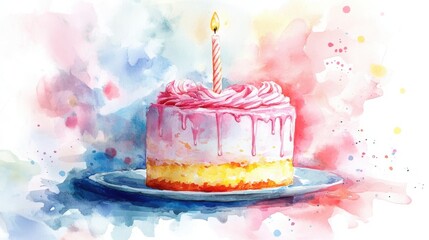 A watercolor birthday cake with pink icing, a single candle, and colorful artistic splashes in the background.
