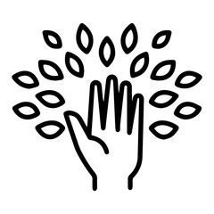 Fototapeta premium Two hands (outline style) are shown extending upwards, with multiple stylized leaves radiating outwards from the space between them. Symbolizes growth, nature, and interconnectedness