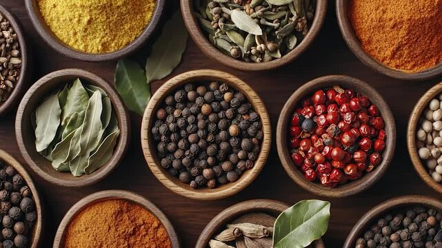 Assortment of spices in small wooden bowls
