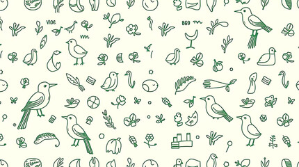 Bird and Floral Green Line Art Pattern