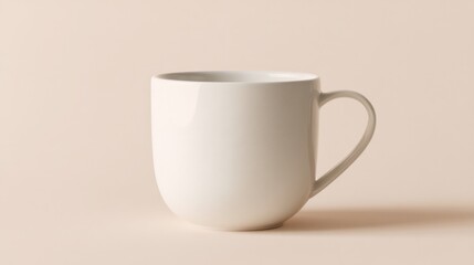 Fototapeta premium Minimalist plain white ceramic mug with handle, centered and isolated on clean white background, soft shadow and high detail, perfect for product mockups or lifestyle branding