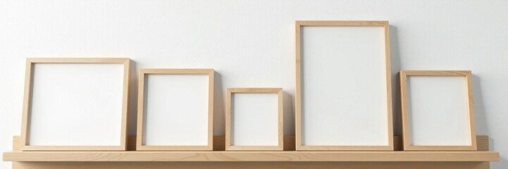 Wooden rack with assorted sized empty frames against a white wall , display, aesthetic