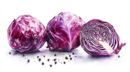 Fototapeta premium Three heads of red cabbage, one sliced open, with scattered peppercorns on a white background.