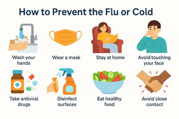 Illustration on preventing flu and cold: wash hands, wear masks, stay home, avoid contact, disinfect surfaces, eat healthy, take antiviral drugs, avoid touching face. White background