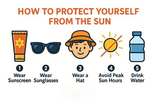 Infographic on sun protection tips: wear sunscreen, sunglasses, hat, avoid peak sun hours, and stay hydrated with water. concept of skin safety, sun care, summer precautions. White background
